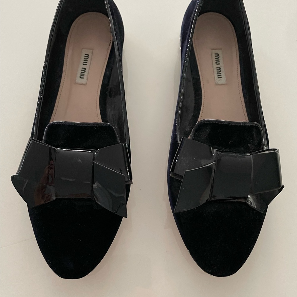 Miu Miu Suede bow flats- rhinestone heal- slightly worn- VERY GOOD condition-9.5